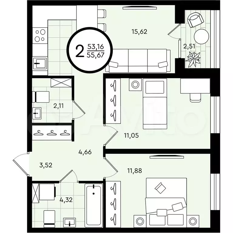 2-к. квартира, 55,7 м, 3/4 эт. - Фото 0
