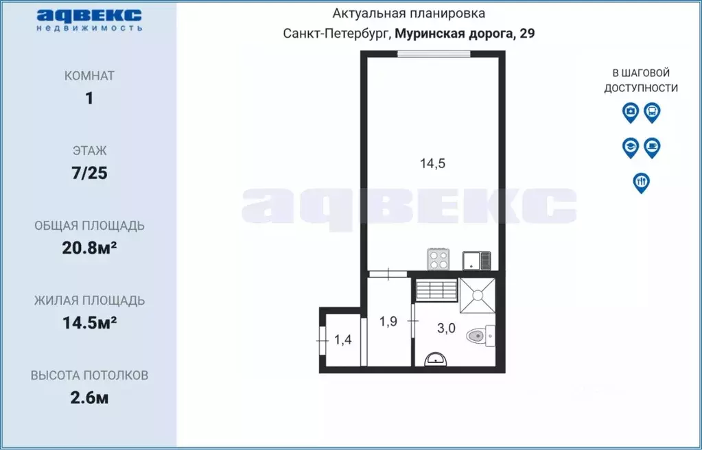 Студия Санкт-Петербург ул. Чарушинская, 28 (20.8 м) - Фото 1