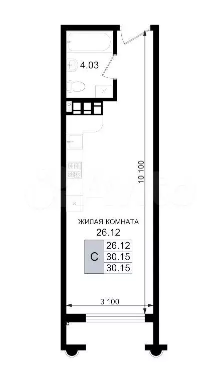 Квартира-студия, 30,2 м, 2/8 эт. - Фото 1