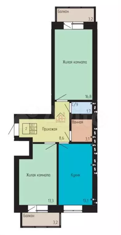 2-к. квартира, 63 м, 2/4 эт. - Фото 0