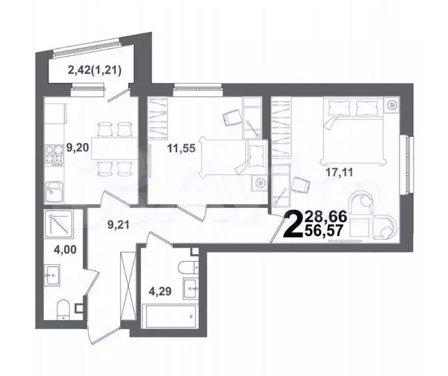 2-к. квартира, 57,1 м, 2/21 эт. - Фото 1