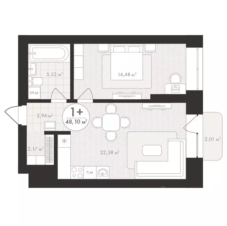 1-к кв. Башкортостан, Уфа Южный-2 мкр,  (48.1 м) - Фото 1