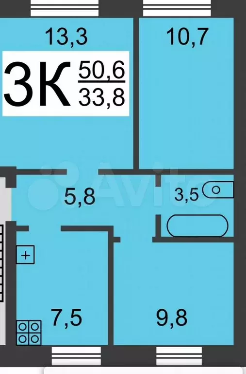 3-к. квартира, 51 м, 2/2 эт. - Фото 0