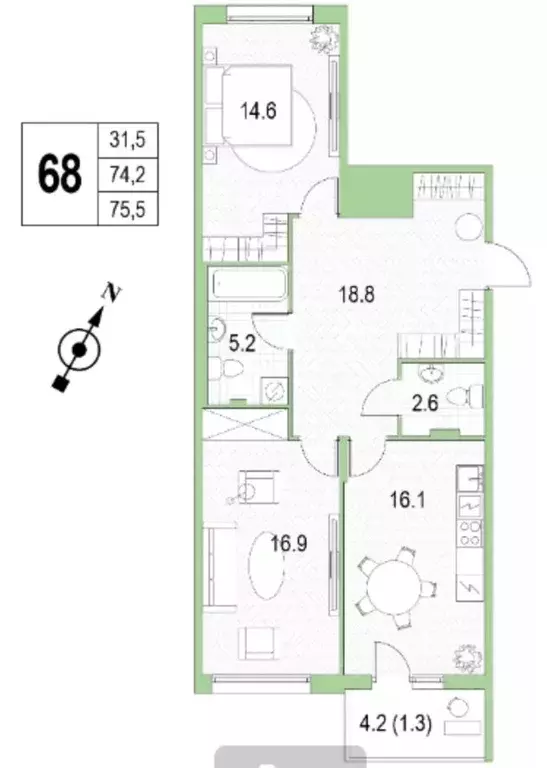 2-к кв. Санкт-Петербург просп. Патриотов, 33 (75.5 м) - Фото 1