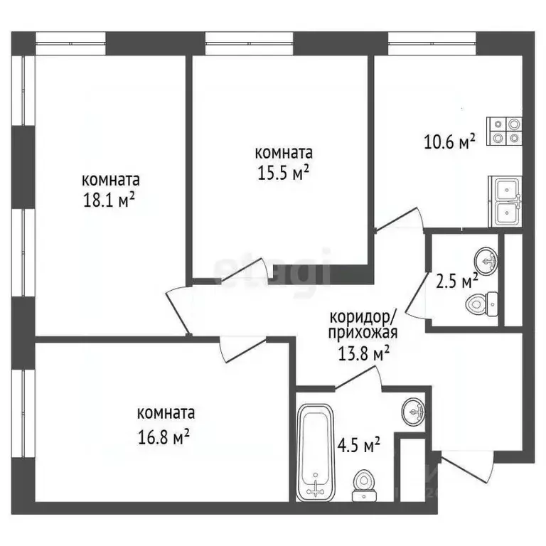 3-к кв. Москва, Москва, Московский г. ул. Никитина, 11к7 (81.7 м) - Фото 2
