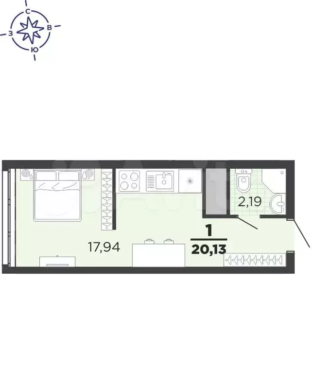 Квартира-студия, 20,1 м, 10/25 эт. - Фото 0