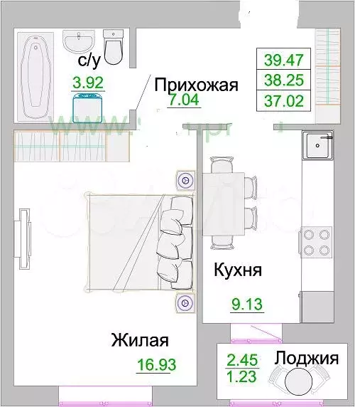 1-к. квартира, 38,3 м, 6/9 эт. - Фото 1