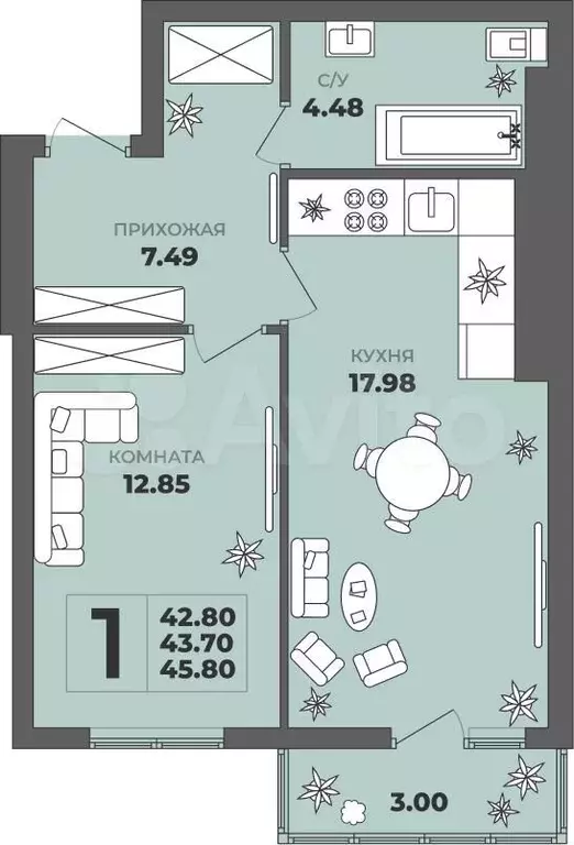 1-к. квартира, 43,7 м, 3/8 эт. - Фото 1