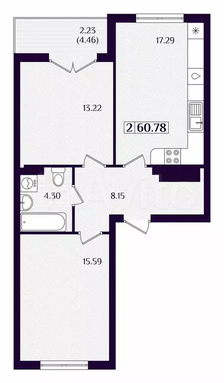 2-к. квартира, 60,8 м, 3/7 эт. - Фото 1