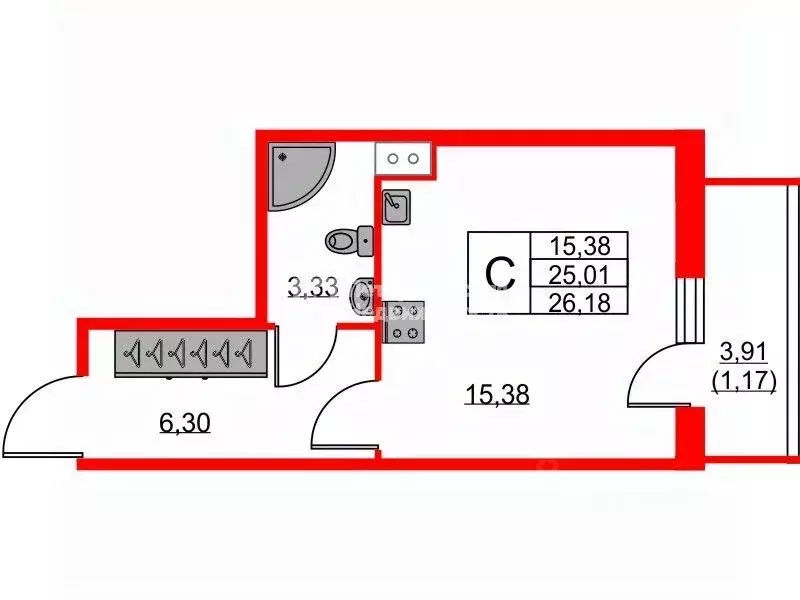 Студия Санкт-Петербург наб. Реки Каменки, 15к1 (25.01 м) - Фото 2