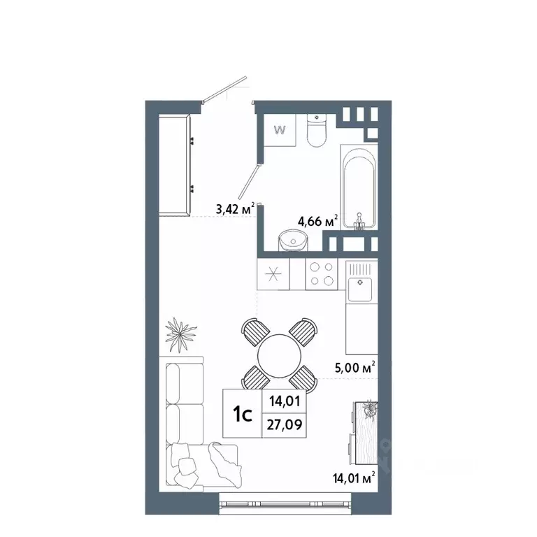Студия Башкортостан, Уфа 42-й кв-л,  (27.0 м) - Фото 1