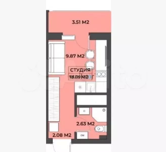 Квартира-студия, 18,1 м, 7/19 эт. - Фото 0