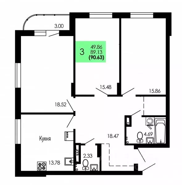3-к кв. Воронежская область, Воронеж Оникс жилой комплекс (90.63 м) - Фото 0