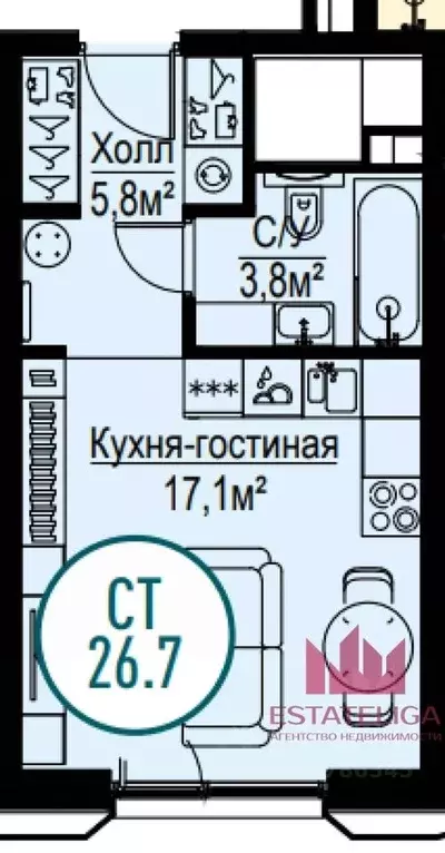 Студия Москва Волгоградский просп., 32/5к4 (26.7 м) - Фото 2