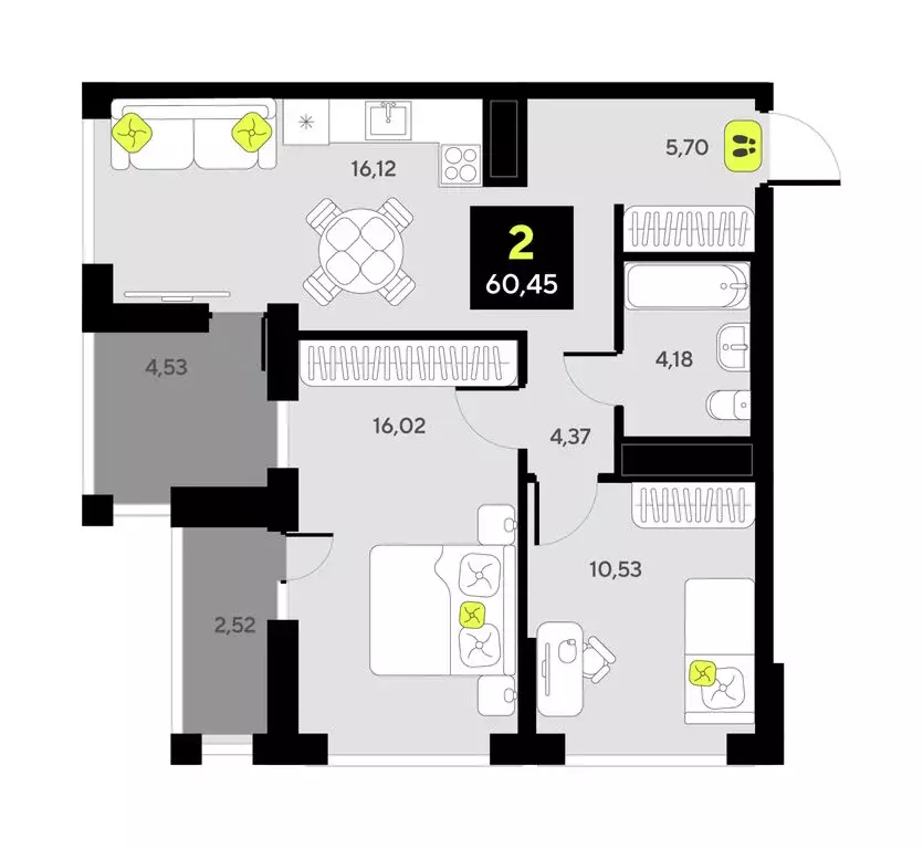 2-комнатная квартира: Тюмень, улица Андрея Приказнова, 1 (55.9 м) - Фото 1