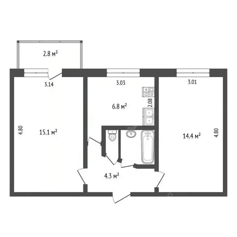 2-к кв. Калужская область, Малоярославец Московская ул., 44 (46.0 м) - Фото 2