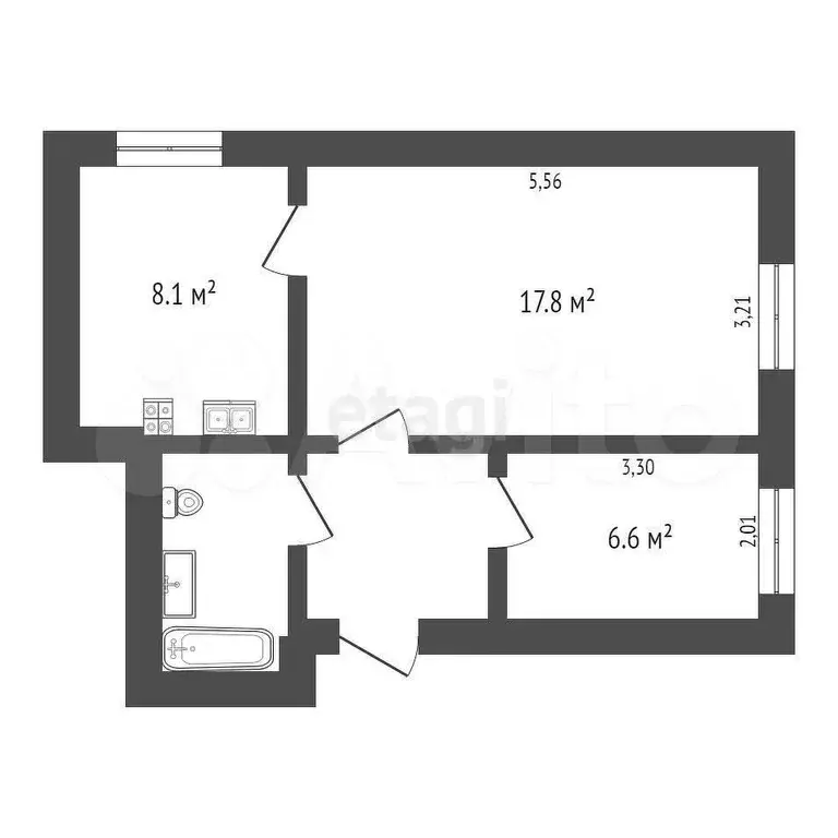 2-к. квартира, 41,5 м, 3/3 эт. - Фото 0