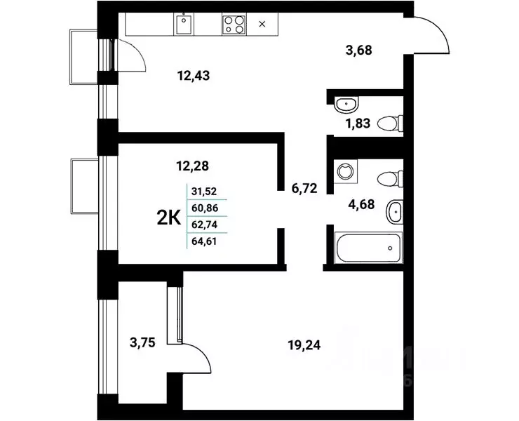 2-к кв. Воронежская область, Воронеж наб. Чуева, 7 (62.74 м) - Фото 1