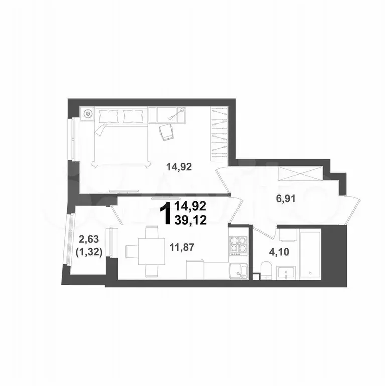 1-к. квартира, 39,1 м, 10/21 эт. - Фото 1
