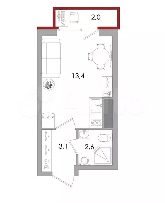 Квартира-студия, 21,1 м, 2/17 эт. - Фото 0