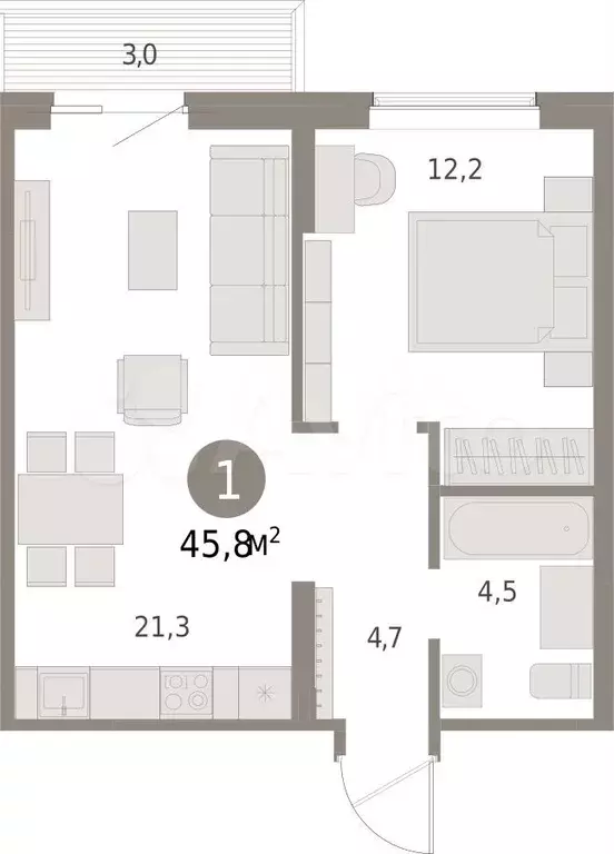 1-к. квартира, 45,8 м, 5/15 эт. - Фото 1