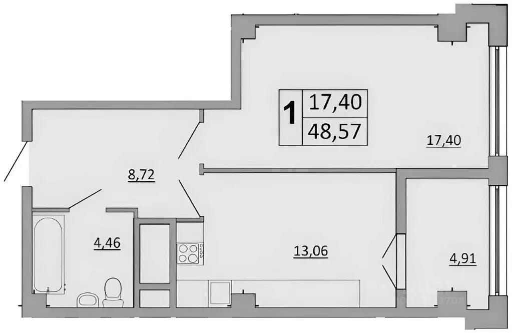 1-к кв. Белгородская область, Белгород ул. Есенина, 9к3 (47.5 м) - Фото 2