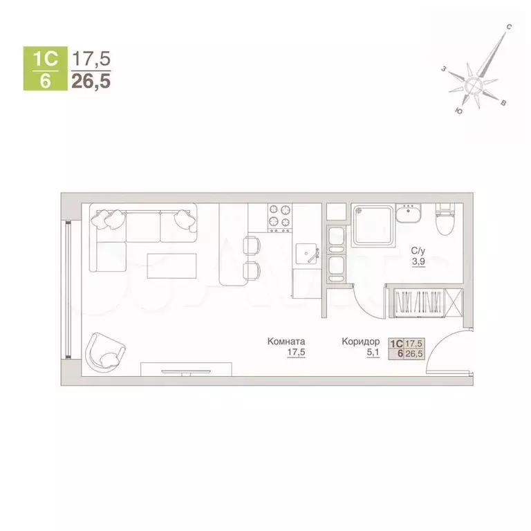 Апартаменты-студия, 26,5 м, 12/13 эт. - Фото 0