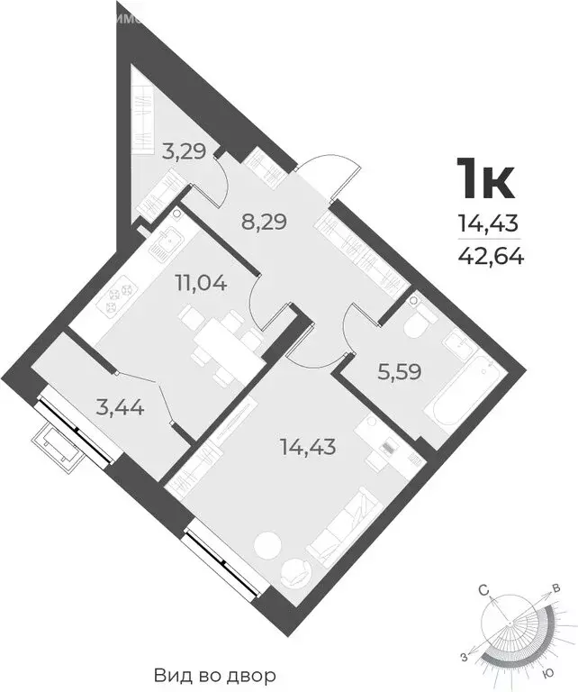 1-комнатная квартира: Новосибирск, улица Лобачевского, 51/1 (42.6 м) - Фото 0