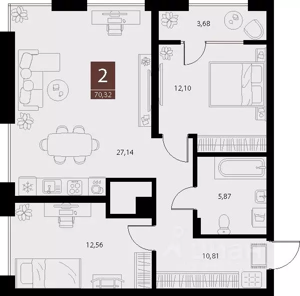 2-к кв. Рязанская область, Рязань ул. Бирюзова, 20с1 (70.32 м) - Фото 1