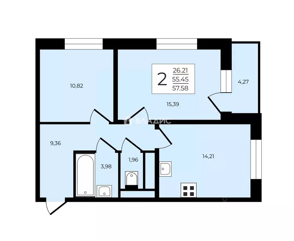 2-к кв. Санкт-Петербург ул. Типанова, 23с1 (55.0 м) - Фото 2