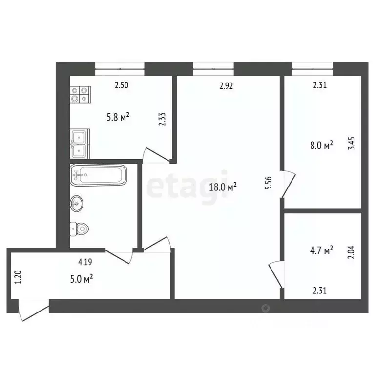 2-к кв. Тюменская область, Тюмень Полевая ул., 36 (44.2 м) - Фото 2