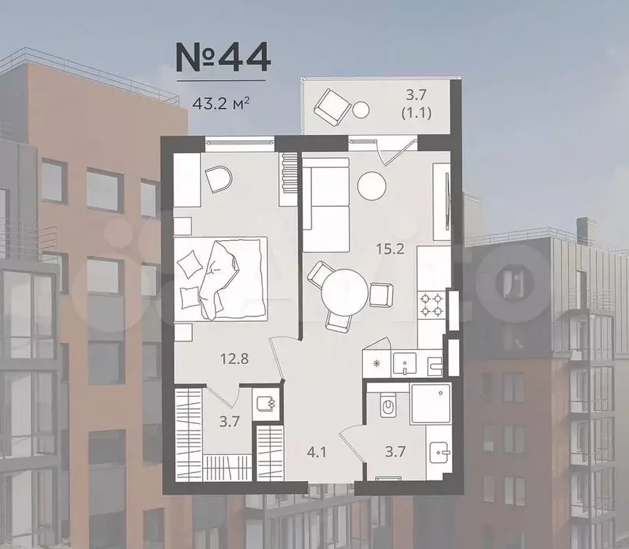 1-к. квартира, 42,9 м, 3/7 эт. - Фото 0