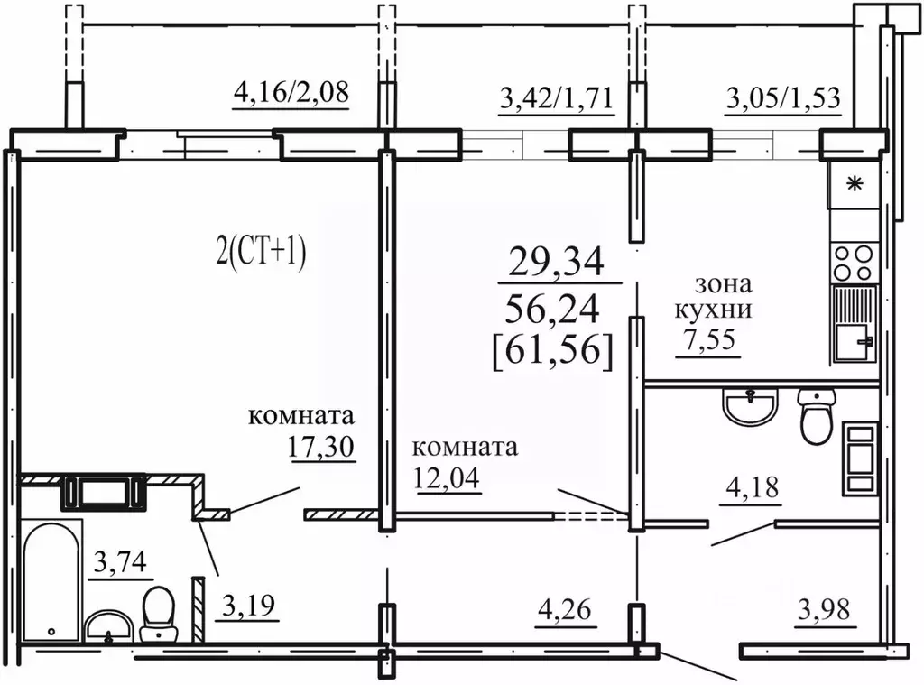 2-к кв. Челябинская область, Челябинск ул. Маршала Чуйкова, 30 (56.24 ... - Фото 1
