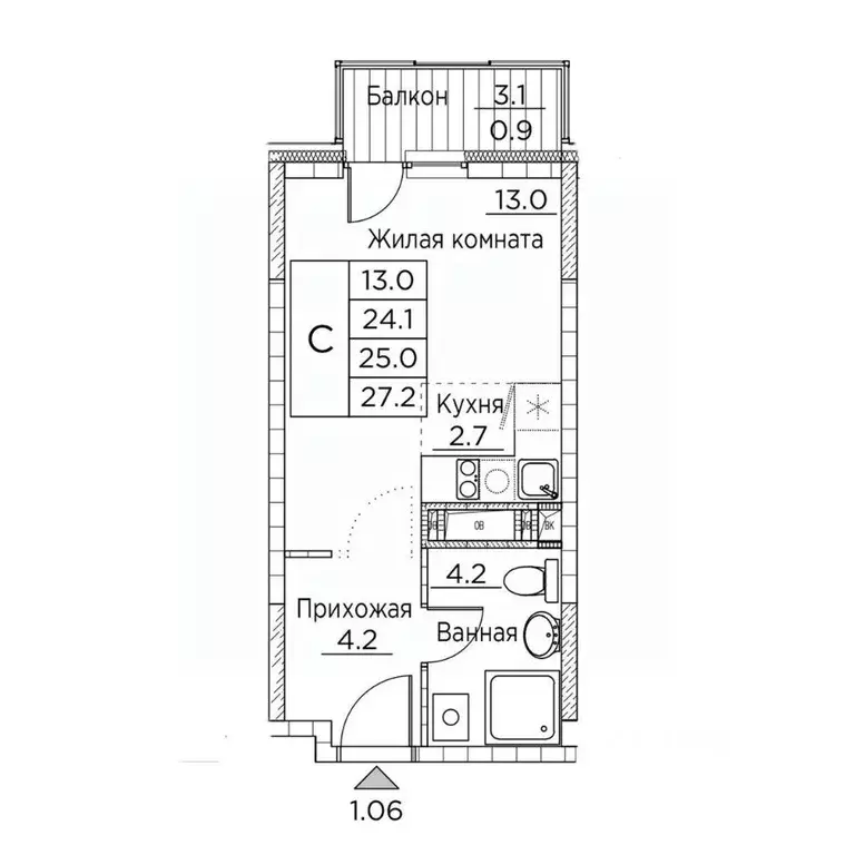 Студия Приморский край, Владивосток ул. Расула Гамзатова, 7к2 (27.2 м) - Фото 2