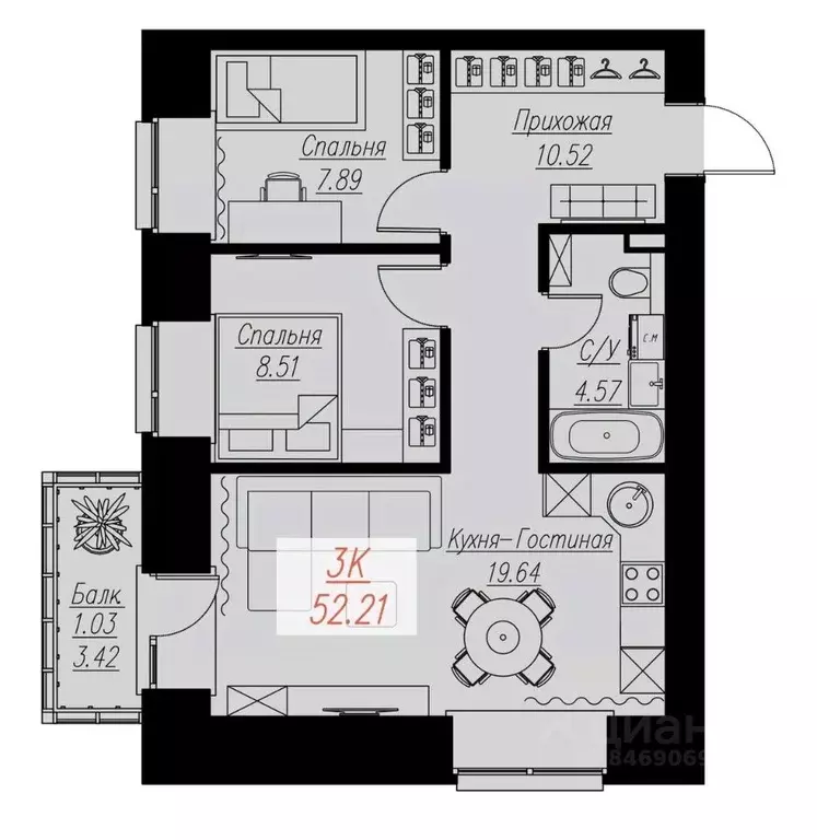 2-к кв. Красноярский край, Красноярск Семафорная ул., 441а (52.21 м) - Фото 0