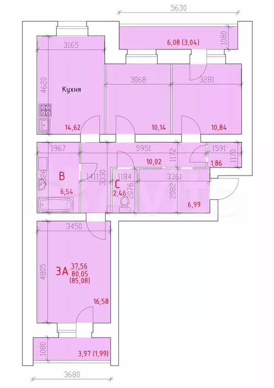 3-к. квартира, 85,2 м, 10/14 эт. - Фото 0
