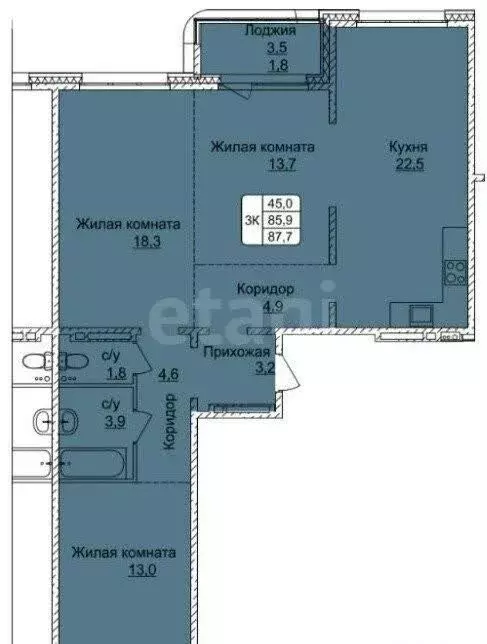 3-комнатная квартира: Барнаул, проспект Строителей, 18к1 (92.63 м) - Фото 1