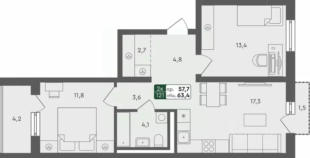 2-к кв. Омская область, Омск Красноярский тракт (63.4 м) - Фото 0