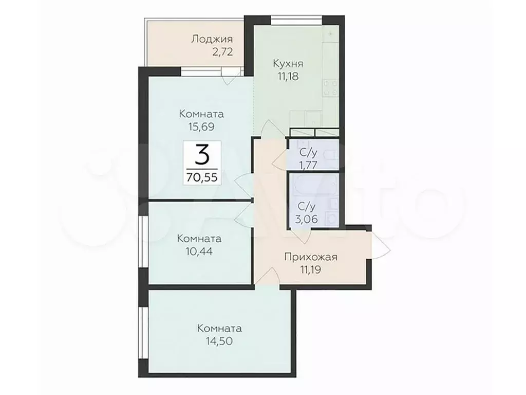 3-к. квартира, 70,6 м, 3/7 эт. - Фото 0