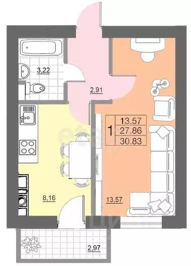 1-к кв. Смоленская область, Смоленск Краснинское ш., 32 (30.8 м) - Фото 2