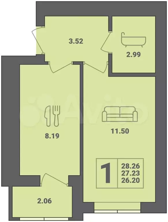 1-к. квартира, 28,3 м, 6/6 эт. - Фото 1