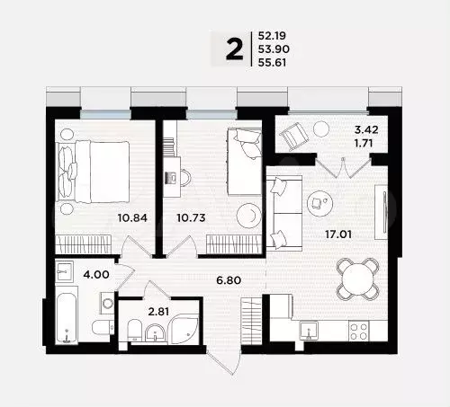 2-к. квартира, 55,6 м, 4/5 эт. - Фото 1