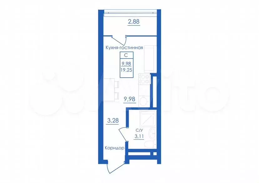 Квартира-студия, 19,3м, 18/25эт. - Фото 1