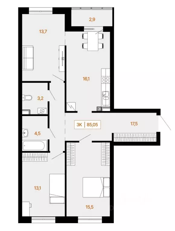 3-к кв. Ханты-Мансийский АО, Ханты-Мансийск Самаровская ул., 2А (85.65 ... - Фото 0