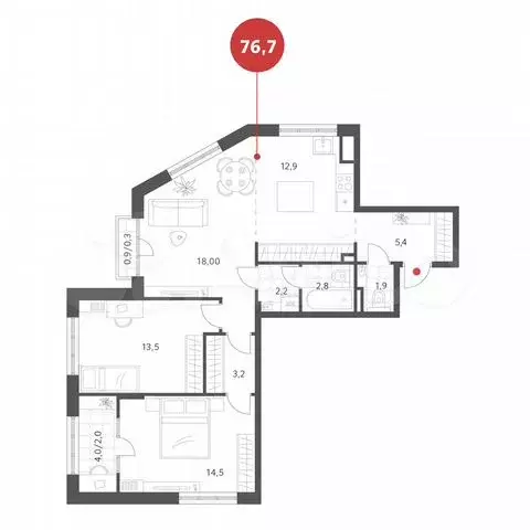 3-к. квартира, 76,7 м, 4/4 эт. - Фото 0