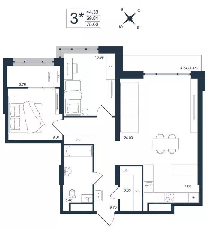 3-к кв. Приморский край, Владивосток Архитектор жилой комплекс (75.02 ... - Фото 1