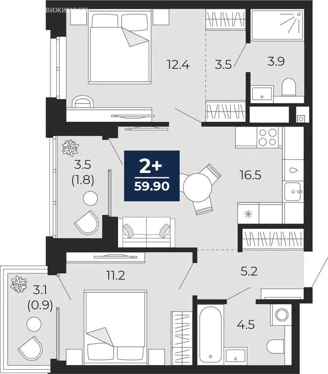2-комнатная квартира: Тюмень, проезд Капитана Куликова, 5 (63.8 м) - Фото 1