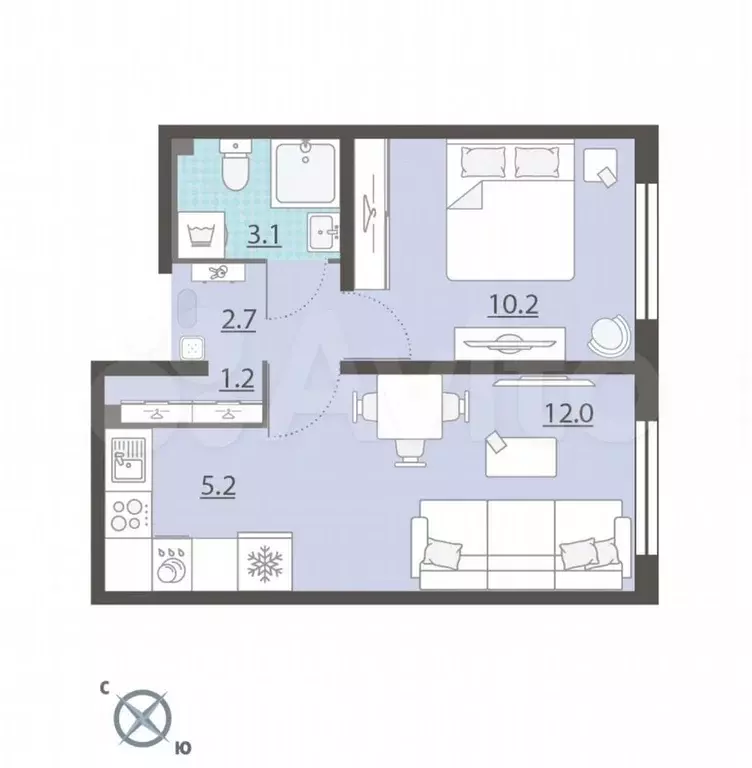 1-к. квартира, 34,4 м, 2/8 эт. - Фото 0