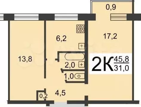 2-к. квартира, 44,1 м, 2/5 эт. - Фото 0