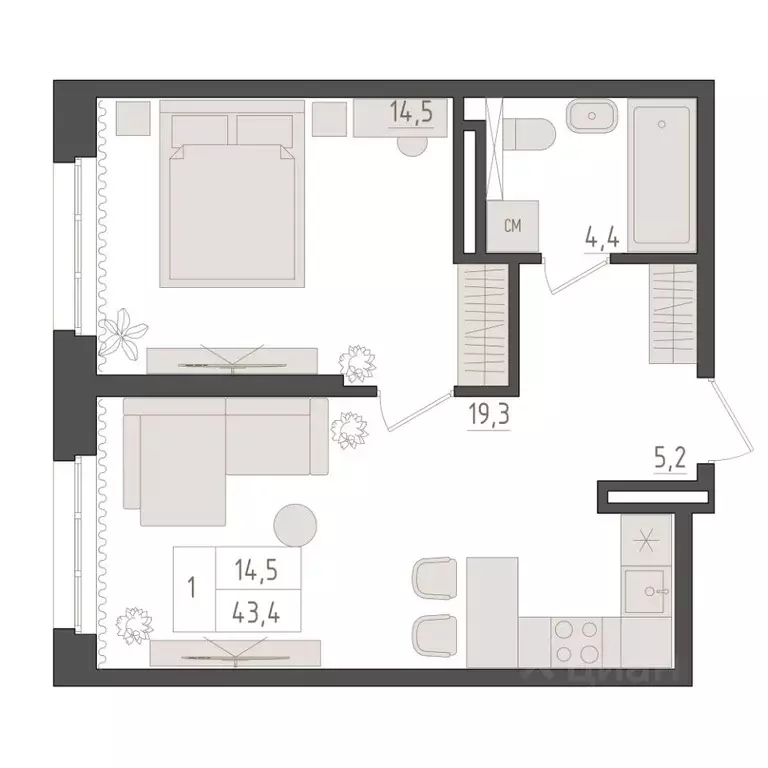 1-к кв. Башкортостан, Уфа 563-й кв-л,  (43.4 м) - Фото 1